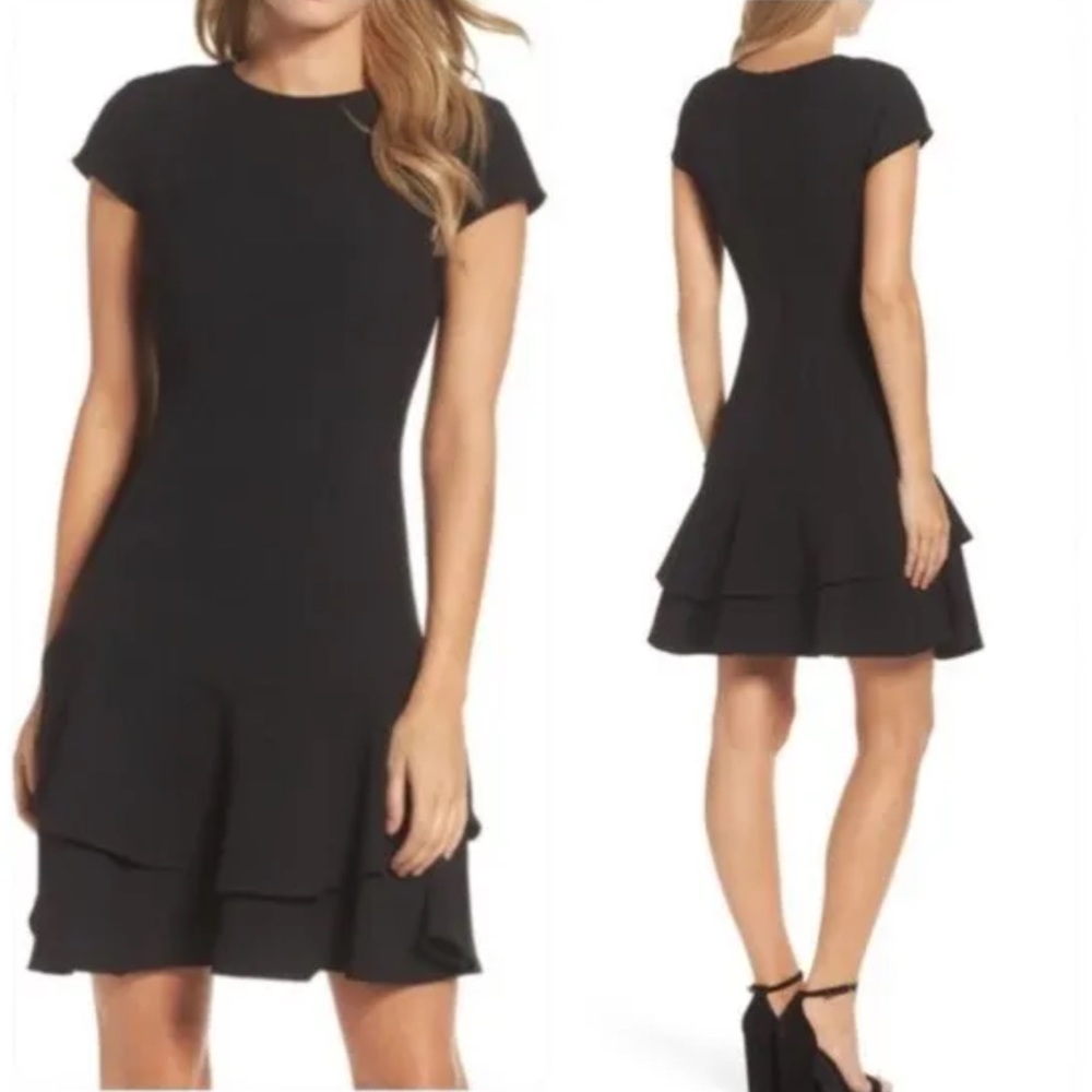 Eliza J Crepe Ruffle Tier Drop Waist Sheath A-Line Mini Dress Stretch Black SZ10
